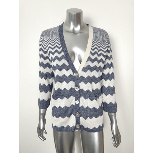 Zig Zag Cardigan Sweater Cotton Cashmere Blue White Zoe Couture M - Picture 1 of 9